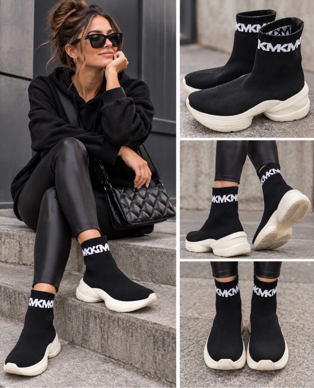 Michael Kors Olympia Stretch Knit Sock Sneaker Boots Black White 7M